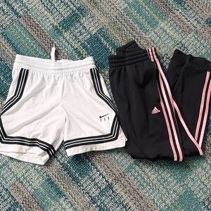 Lot of 2: kids white and black Nike shorts and adidas Joggers with Pink Stripes